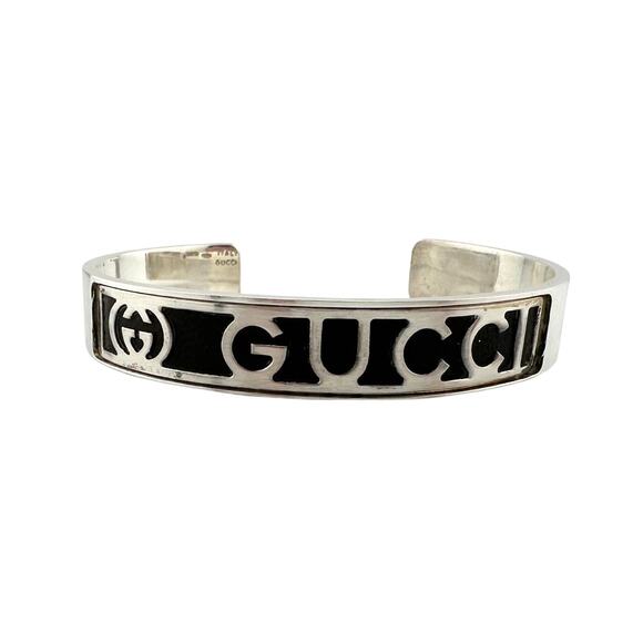 Gucci Black Leather GG Logo Sterling Silver Bangle Bracelet - Vintage! - Picture 3 of 9